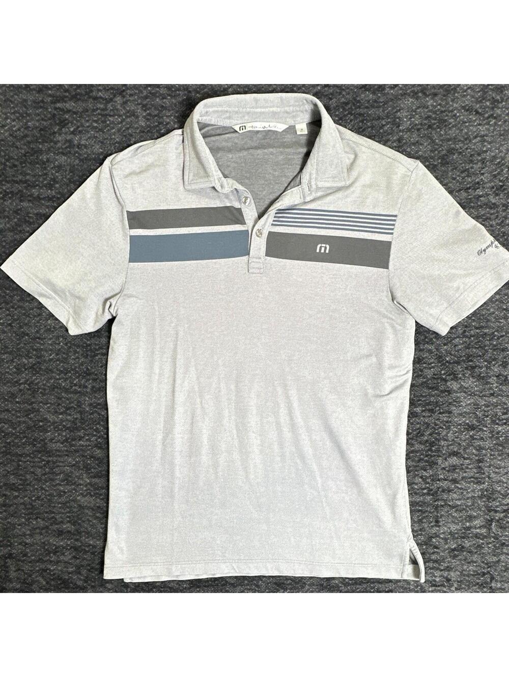 0039TravisMathew Men's Gray Blue Striped Golf Collared Polo Shirt Size M